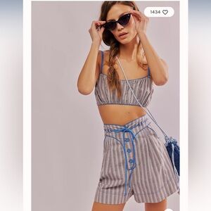 NWT Free People Sunday Stroll Set - boxer & bralette Blue, White, Brown Striped